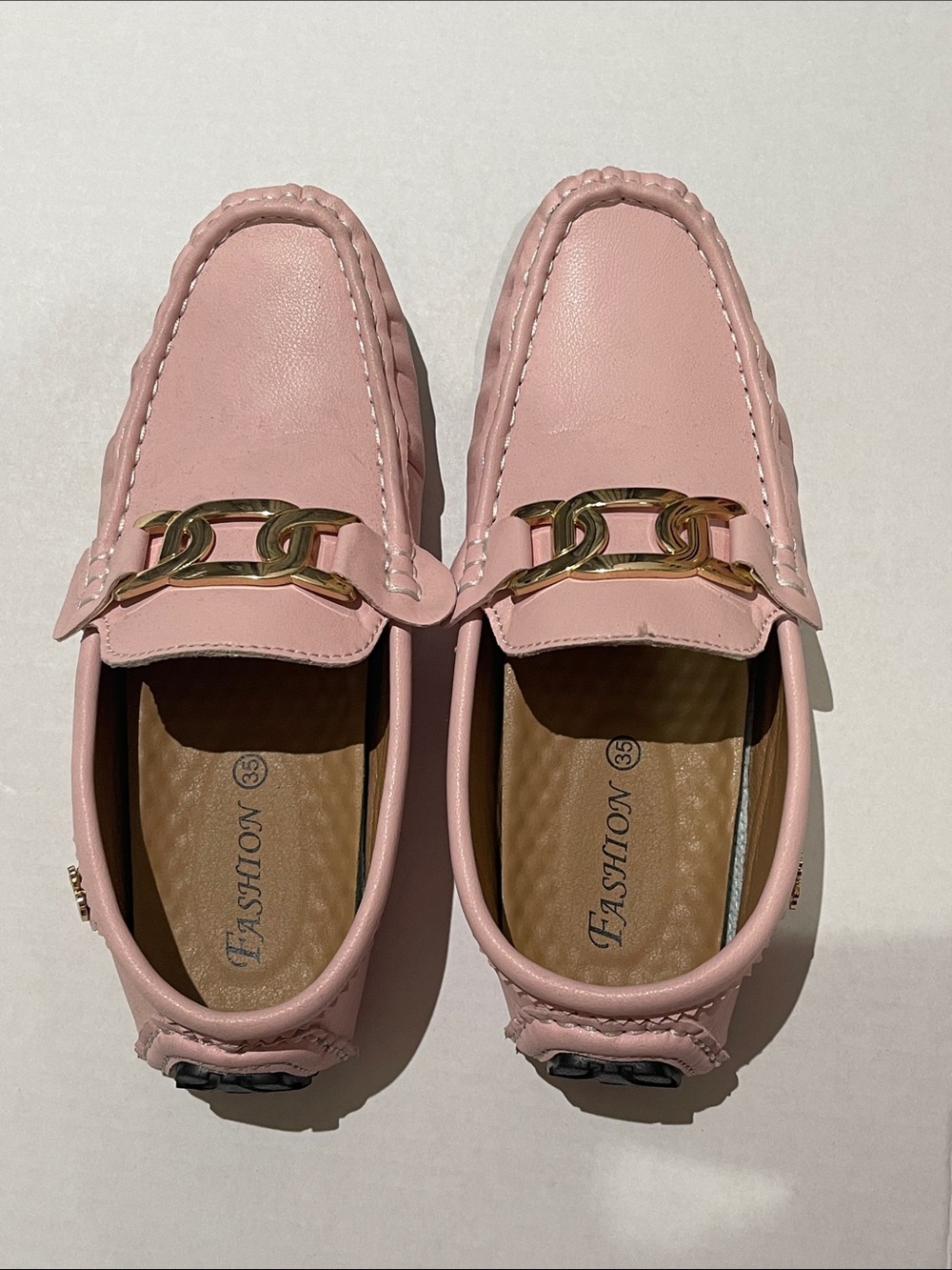 Pink Women’s Slip-On Loafers with Gold Chain Detail